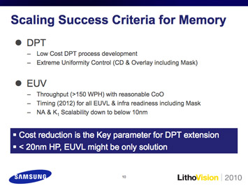 Figure 2. Dr. Yeo reported that EUV still has significant technical and timing challenges, whereas DPT struggles with CoO and extendibility (left image). He identified cost reduction as the key parameter for DPT extension, and commented that for < 20 nm hp, EUV may be the only solution.